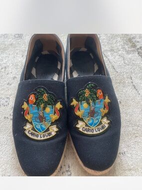Christian Louboutin Black Embroidered Tropical Crest Slip-Ons